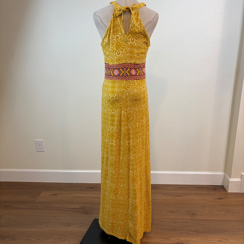 Prana Skye Maxi Dress Womens M Yellow Paisley Halter Built-in Bra Granola Boho - Picture 5 of 8